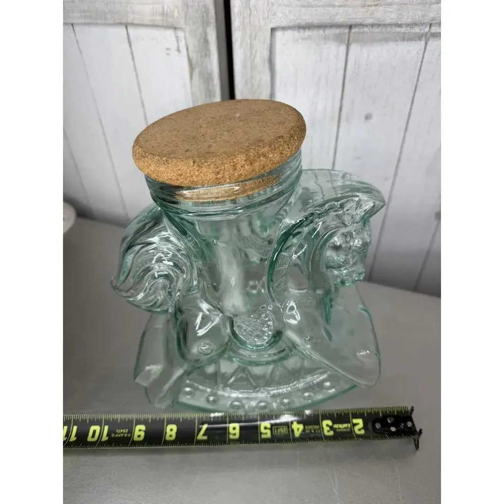 VTG Glass Rocking Horse Jar Canister Cork Lid Made in Italy Blue Green Glass